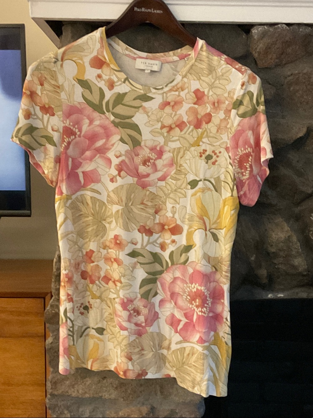 Ted Baker Cream Floral Short Sleeve Crewneck Tee with Pink Blooms